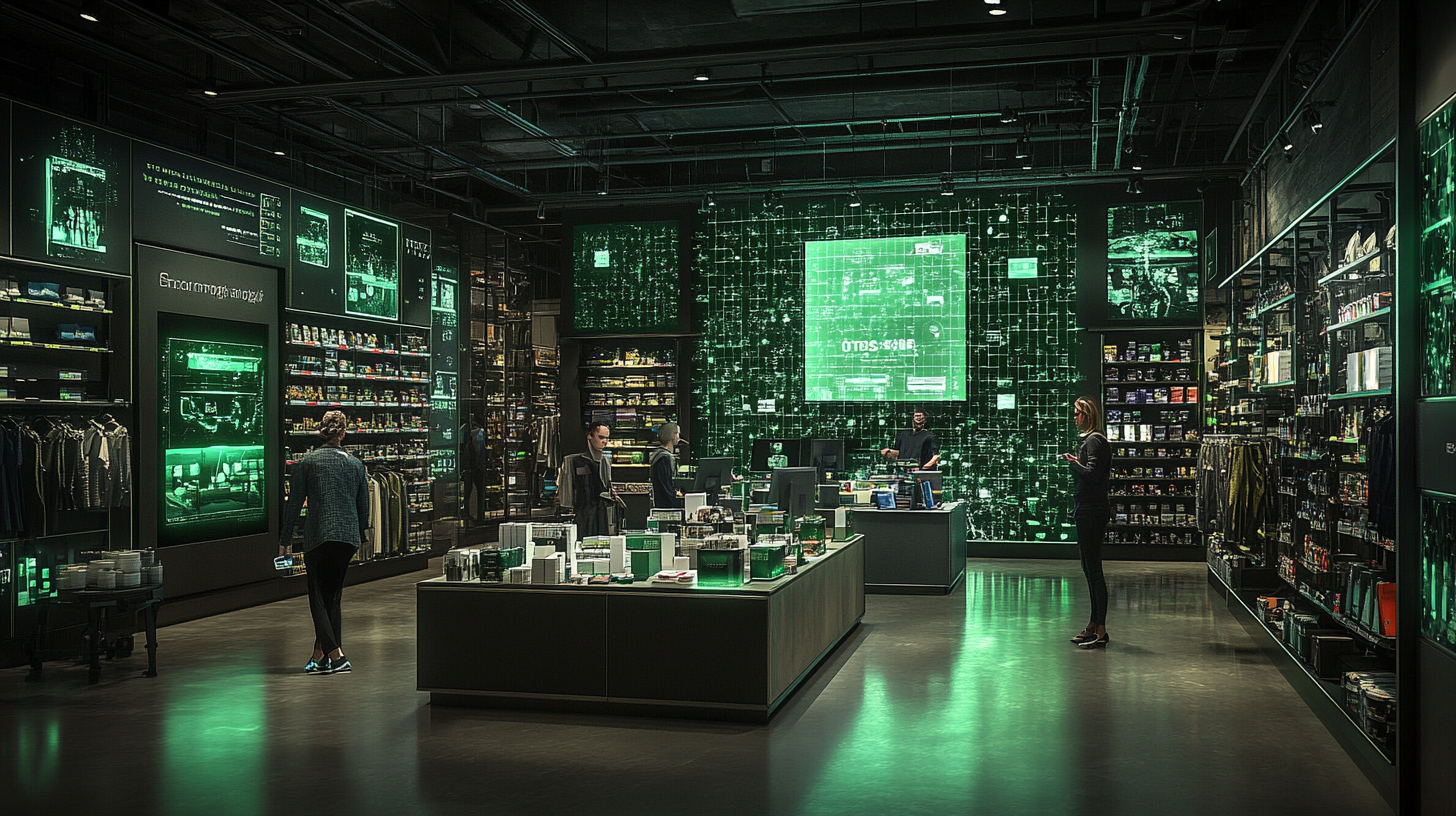 A bustling retail store showcasing the synergy of Retail Media and Trade Marketing: interactive digital screens displaying personalized product ads, a Trade Marketing team analyzing campaign data on tablets, and consumers engaging with smart shelves. The scene combines digital innovation with in-store marketing strategies. realistic, green, black and white color palette, Canon 7D, 128mm, f: 1.4 --ar 16:9
